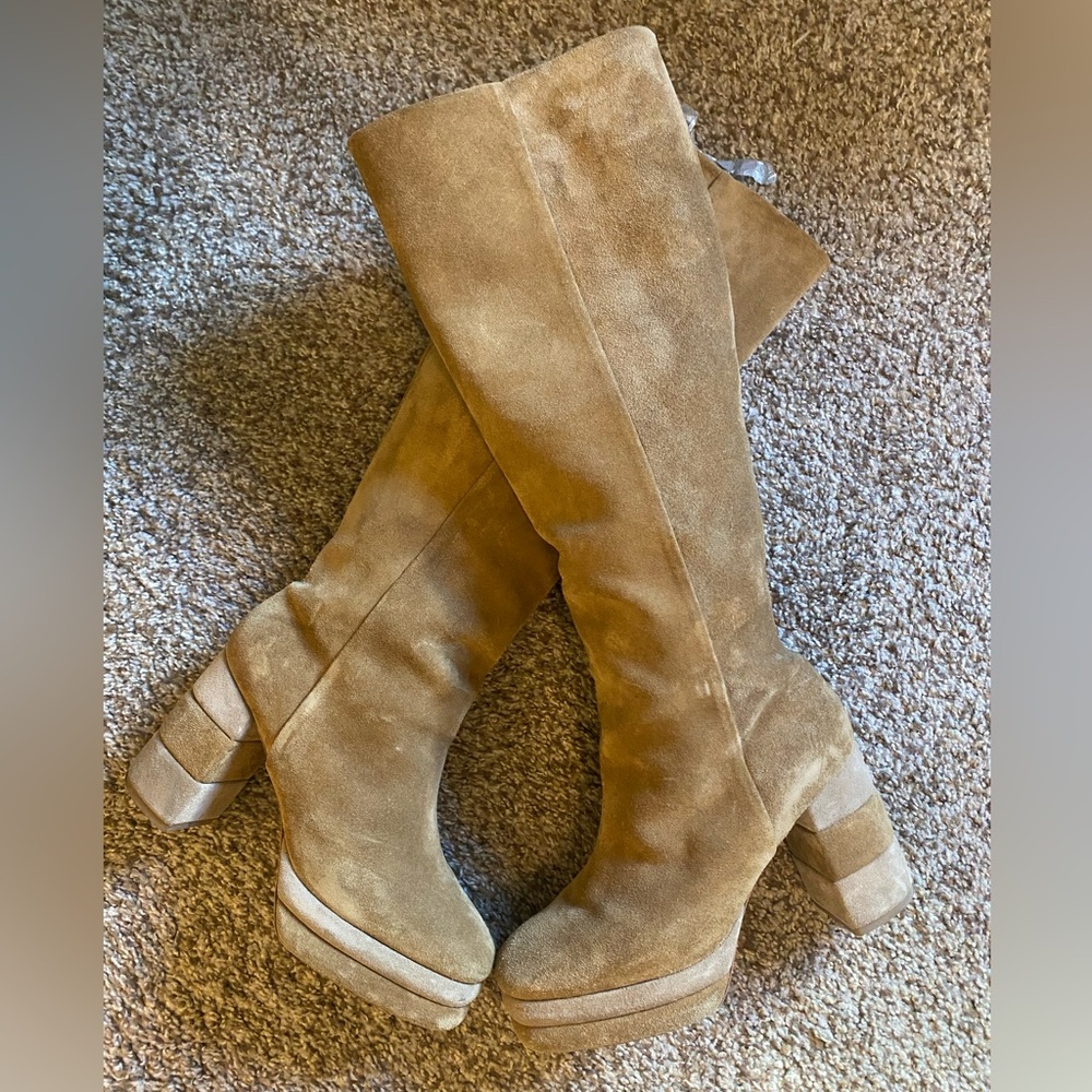 Tory Burch suede platform block heel knee high boots
